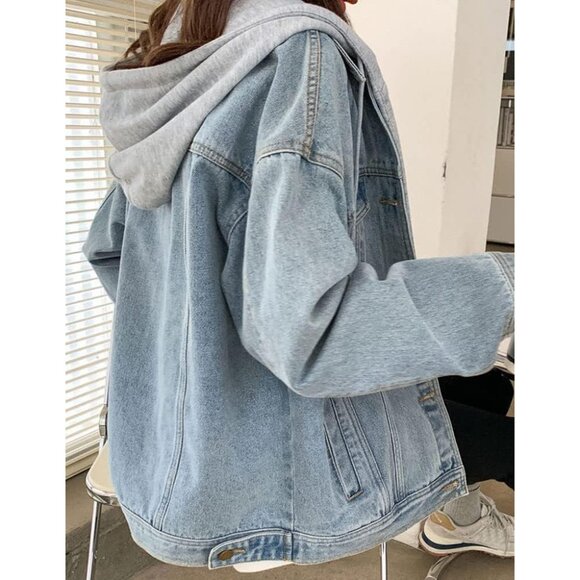 Women's Oversized Denim Jacket Hooded Distressed Cotton Polyester Casual - Picture 5 of 5